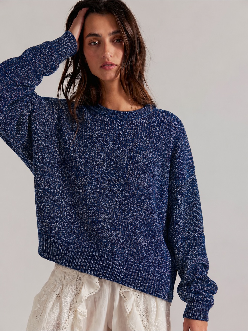 GAP Navy Marled Knit Crewneck Sweater Medium Tall Blue Pullover